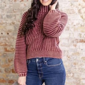 Free People Sweetheart pink mock neck open weave chunky knit sweater, size small